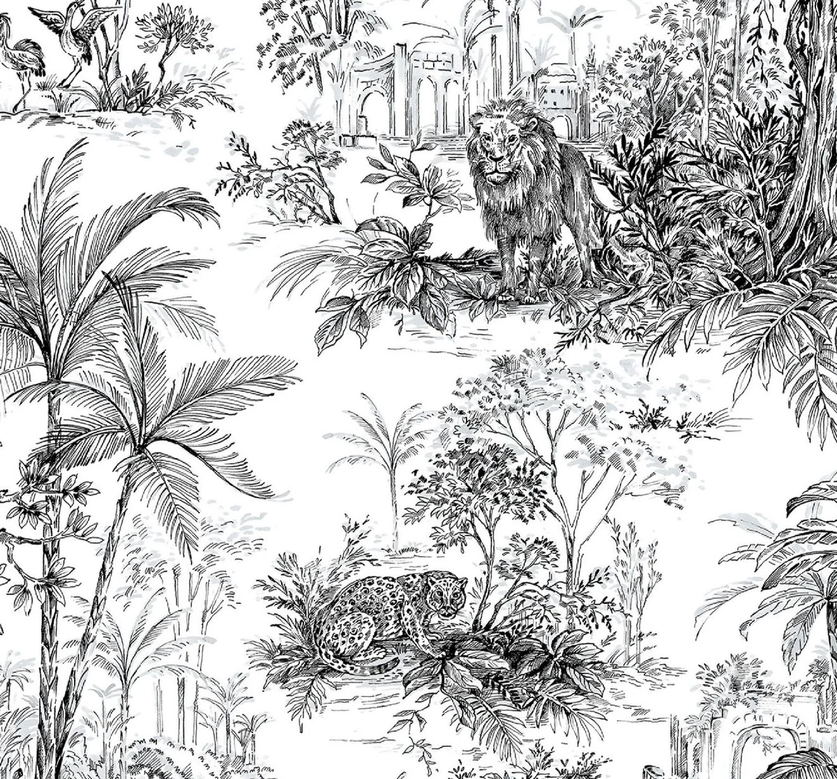 Casa Padrino conjunto de cortinas de lujo selva blanco / negro 250 x A. 290 cm - Cortinas de lino y terciopelo estampadas - Cortinas de ojales - Cortinas correderas