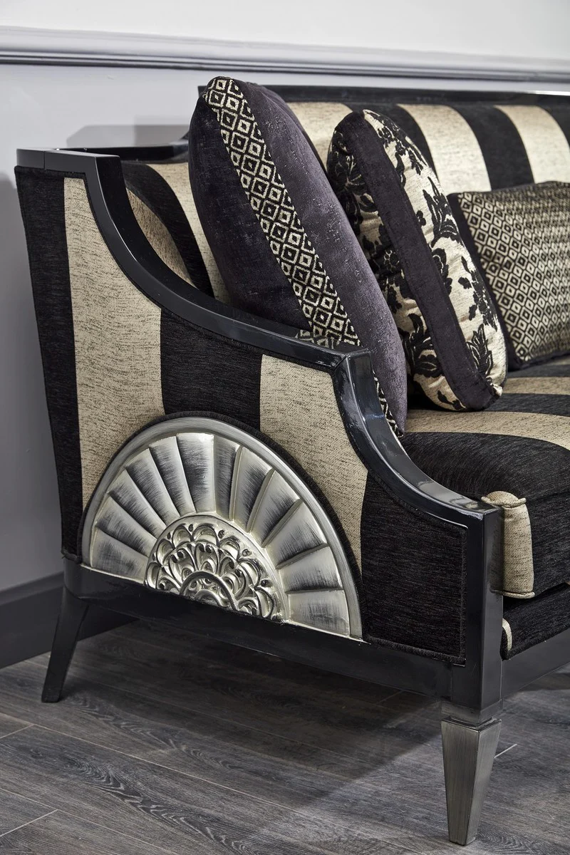 Casa Padrino conjunto de sala de estar barroco de lujo negro / oro / plata - 1 Sof¨¢ y 2 Sillones y 1 Mesa de Caf¨¦ y 1 Mesa Auxiliar - Muebles Barrocos