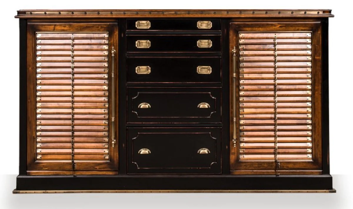 Casa Padrino aparador de estilo vintage de lujo con 5 cajones y 2 puertas negro antiguo / cobre / latón 223,5 x 50 x A. 127 cm - Armario de estilo vintage - Muebles de estilo vintage de lujo