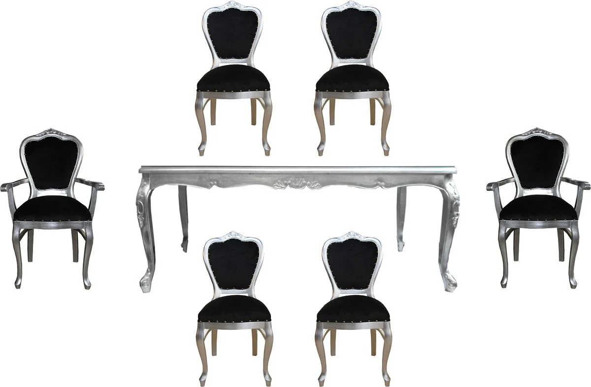 Casa Padrino Conjunto de Comedor Barroco de Lujo Negro / Plata - 1 Mesa de Comedor con Tapa de Vidrio y 6 Sillas - Muebles de Comedor Barroco - Hecho en Italia - Colecci¨®n de Lujo