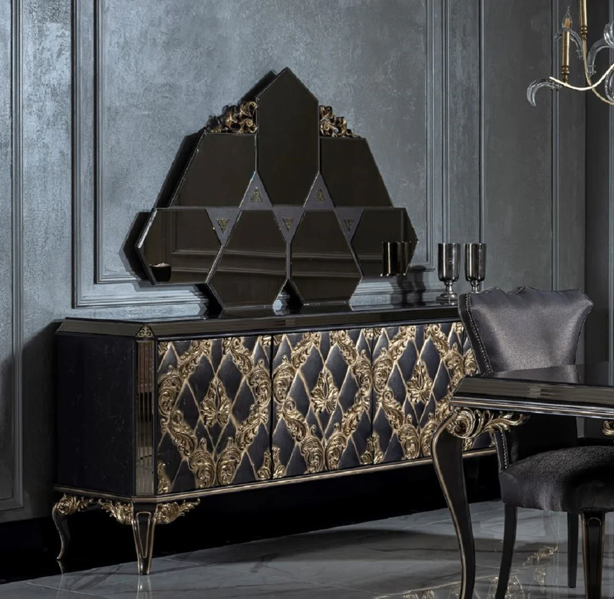 Casa Padrino conjunto de muebles barrocos de lujo aparador con espejo azul / negro / oro - Noble mueble de madera maciza con 4 puertas y elegante espejo de pared - Muebles Barroco