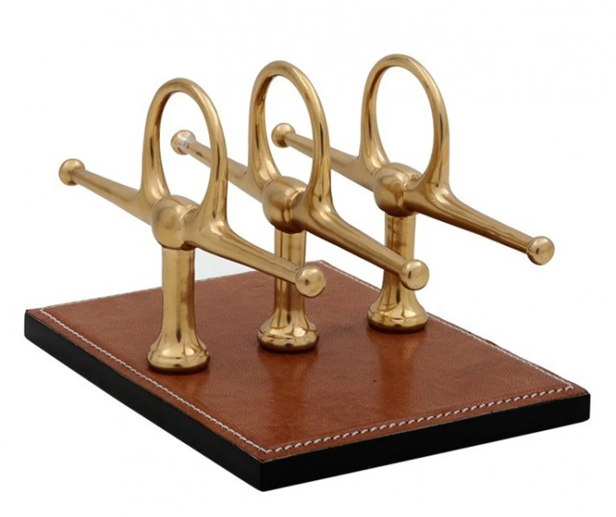 Casa Padrino luxury Letter Holder Leather Brown / Brass 4 x 8 cm x H12cm - Leather Stand letters Business - Office Accessory