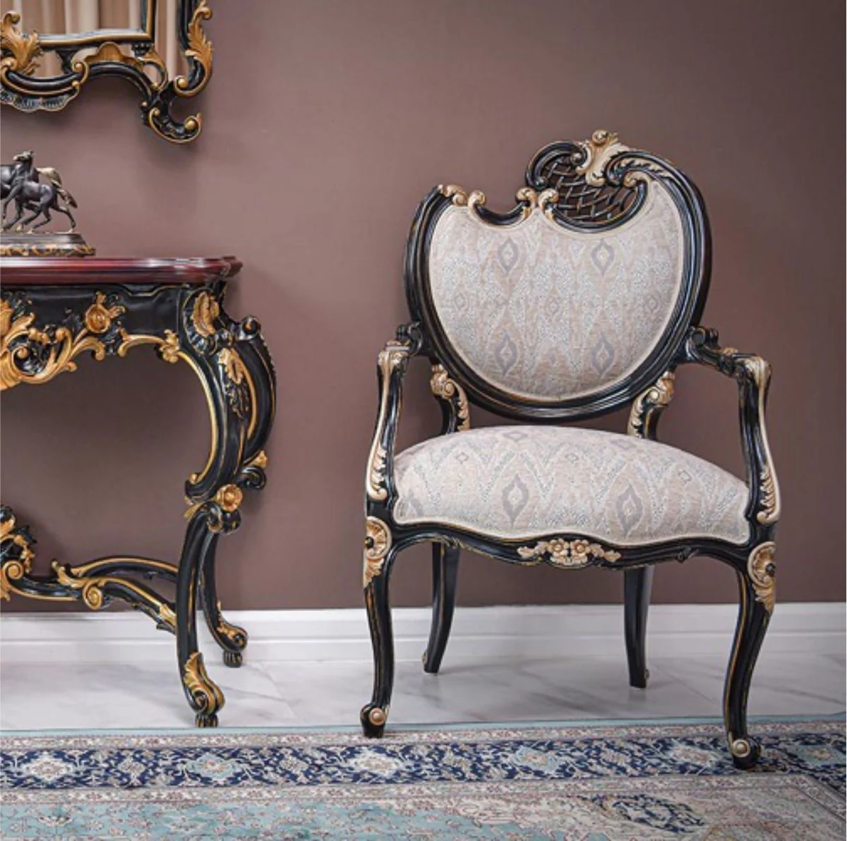 Casa Padrino sill¨®n barroco de lujo lado derecho gris / negro / oro - Muebles barrocos - Hecho en Italia