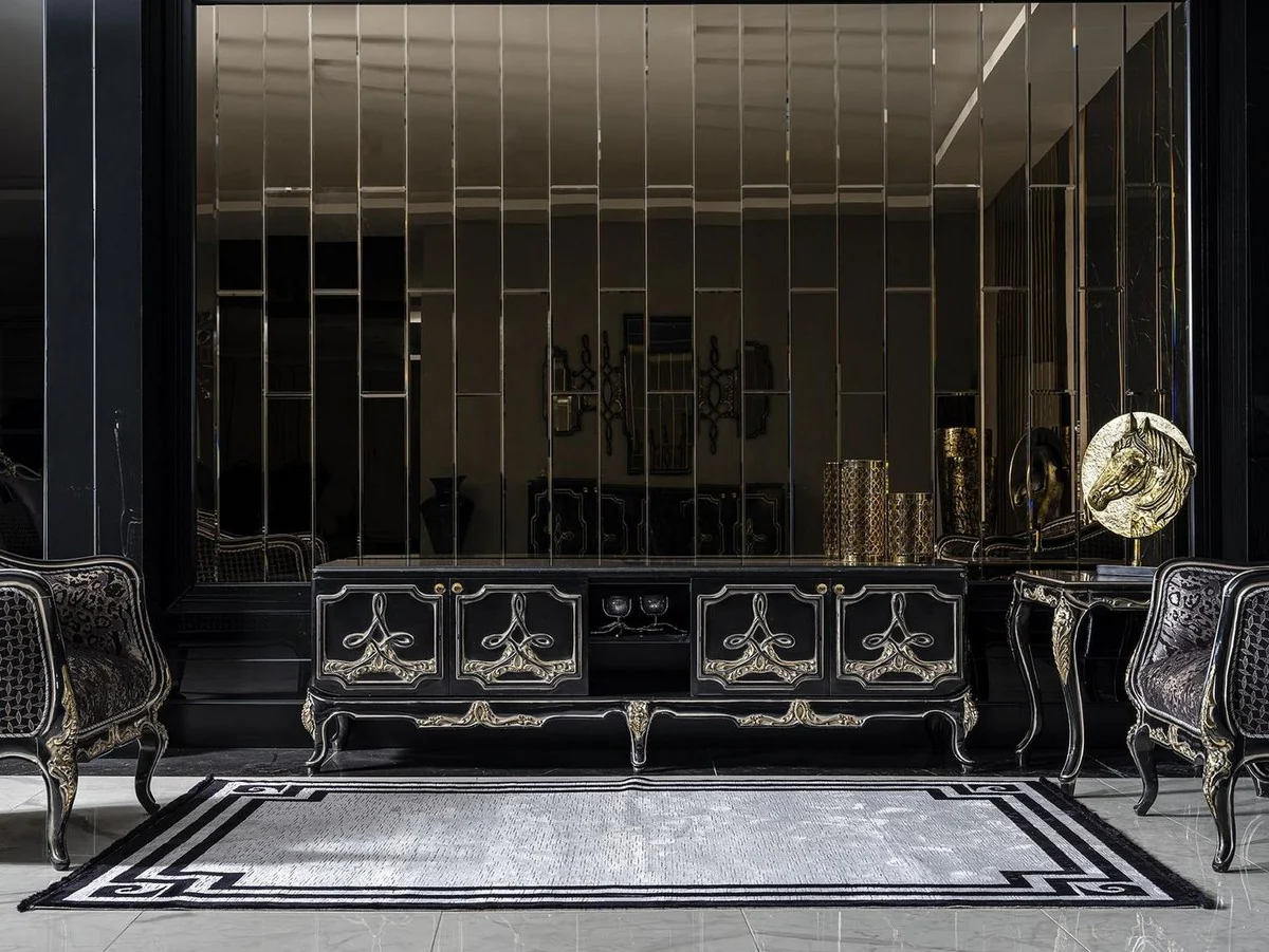 Casa Padrino armario de TV barroco de lujo negro / oro - Magnífico aparador de salón con 4 puertas - Muebles de salón barrocos