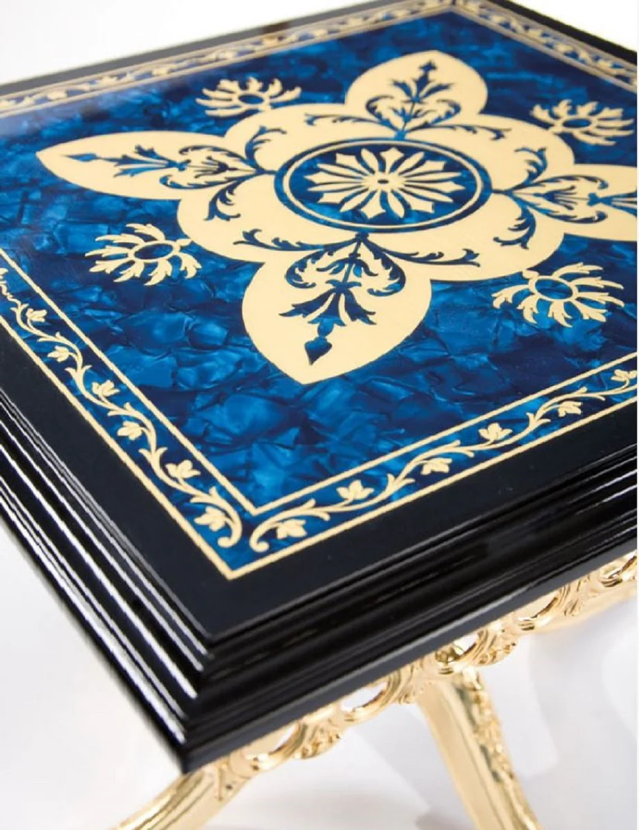 Casa Padrino mesa auxiliar barroco de lujo negro / azul / oro 53 x 53 x A. 50 cm - Mesa de lat¨®n noble con tablero de madera maciza - Muebles de sal¨®n barrocos