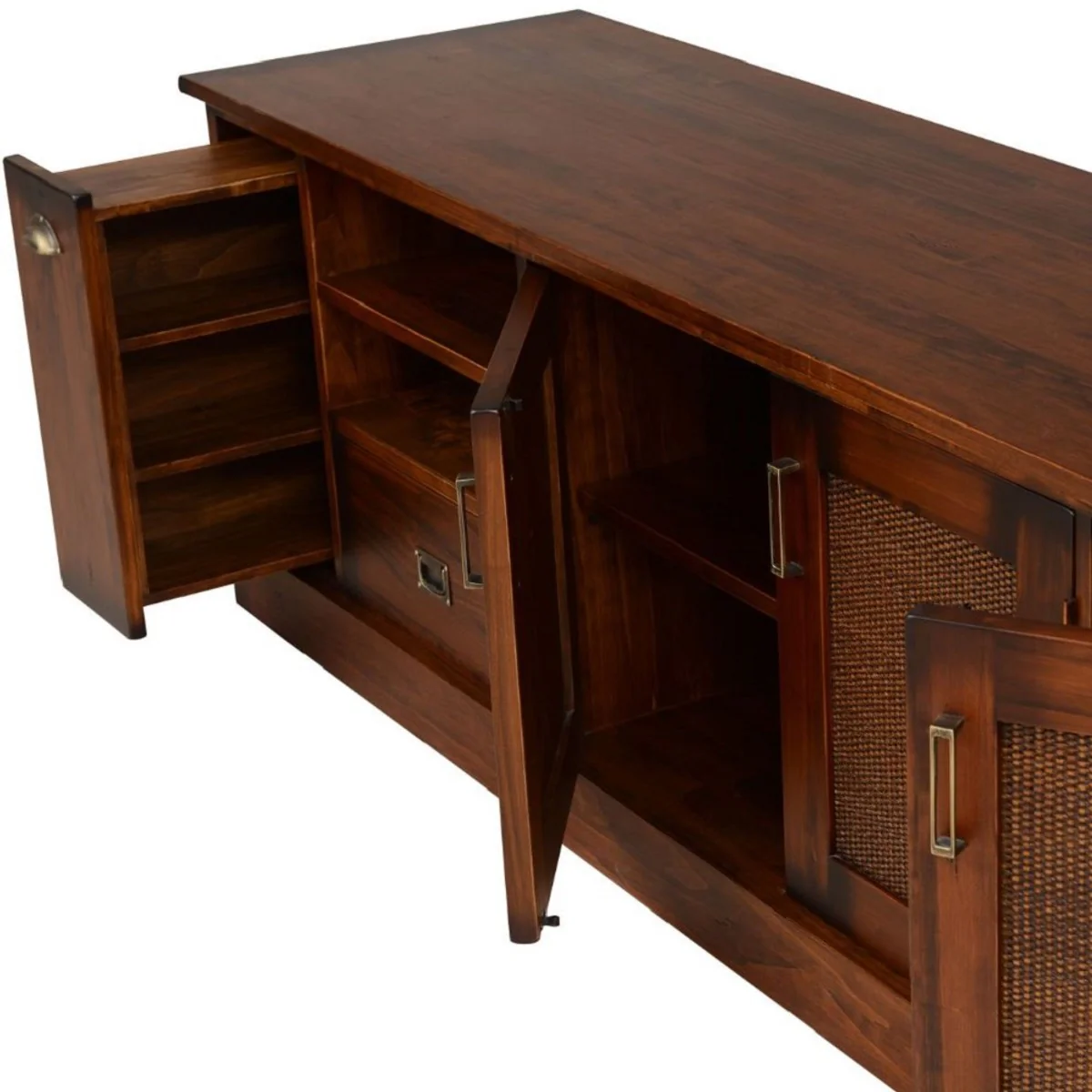 Casa Padrino armario de TV Lujo de estilo vintage marrón / latón 204 x 52 x A. 66 cm - Aparador estilo vintage con 3 puertas y 2 cajones - Mueble de salón de estilo vintage - Muebles de lujo