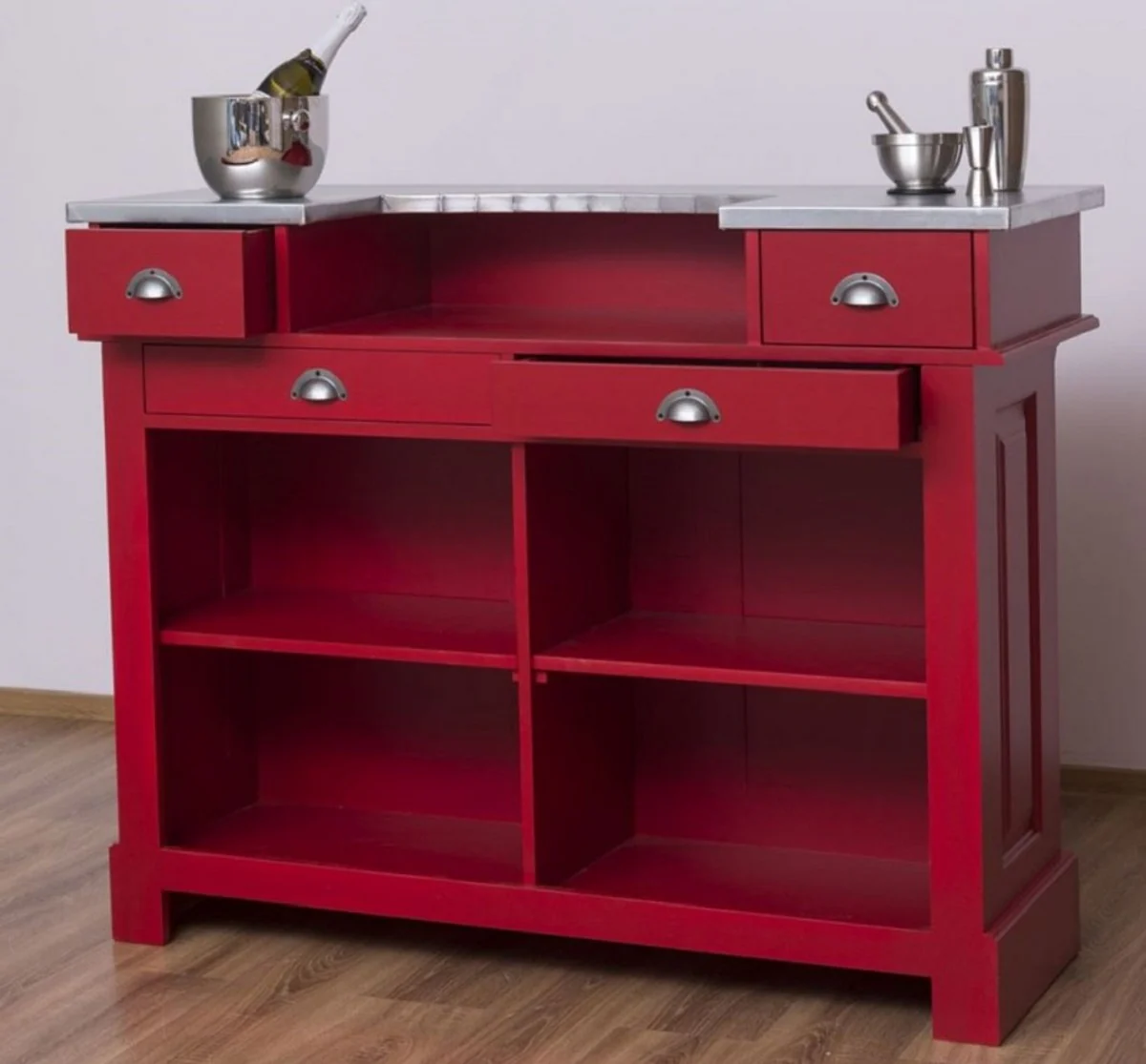 Casa Padrino barra de bar de estilo country rojo / plata 140 x 51 x H. 107 cm - Mesa de Mostrador de Madera Maciza con Tablero Galvanizado - Muebles de Estilo Country