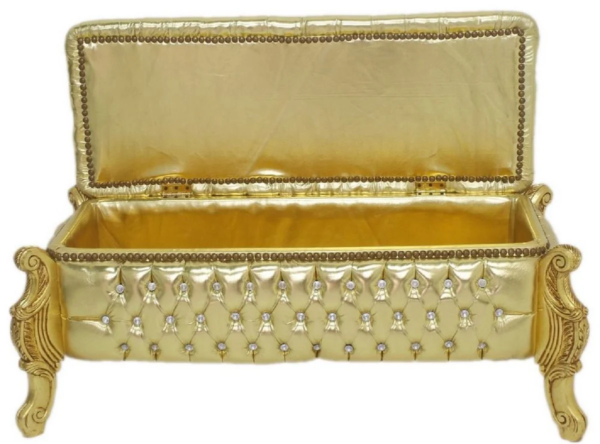 Casa Padrino banco barroco / pecho aspecto cuero oro / oro - Banco tapizado de madera maciza con pedrería - Muebles de estilo barroco