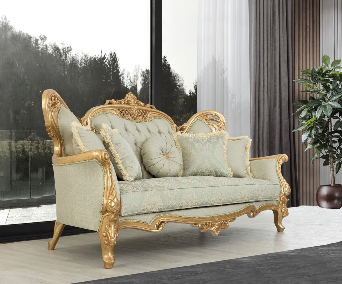 Casa Padrino conjunto de sala de estar barroco de lujo verde claro / oro - 2 Sof¨¢s y 2 Sillones y 1 Mesa de Centro - Muebles de sal¨®n barrocos hechos a mano - Noble y Magn¨ªfico