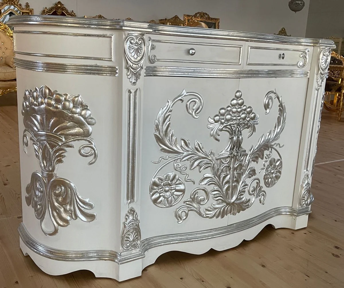 Casa Padrino aparador barroco blanco / plata - Gabinete de madera maciza estilo barroco hecho a mano con 2 puertas y 2 cajones - Muebles de sala estilo barroco - Muebles barrocos