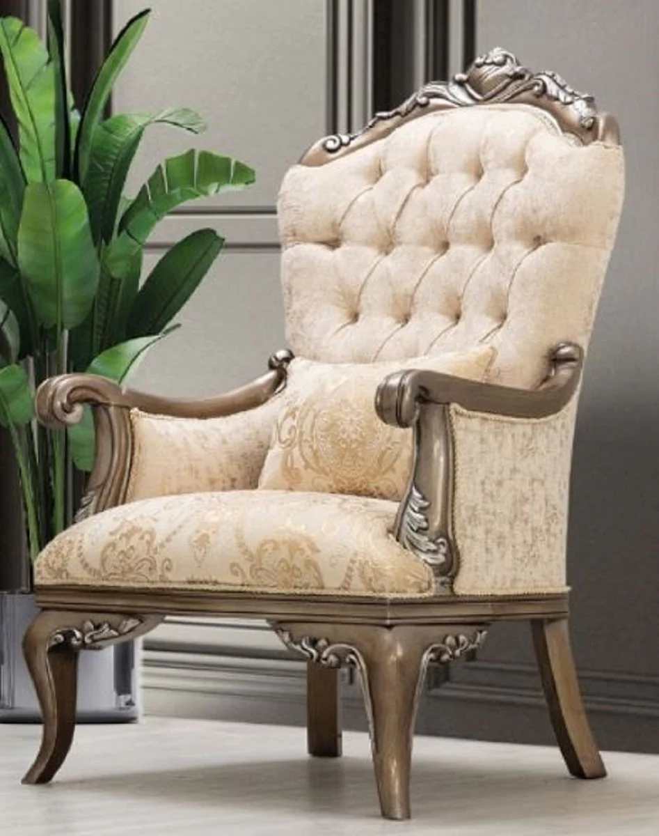 Casa Padrino conjunto de sala de estar barroco de lujo beige / oro / marr¨®n / plata - 2 Sof¨¢s y 2 Sillones y 1 Mesa de Centro - Muebles de sal¨®n barrocos hechos a mano - Noble y Magn¨ªfico