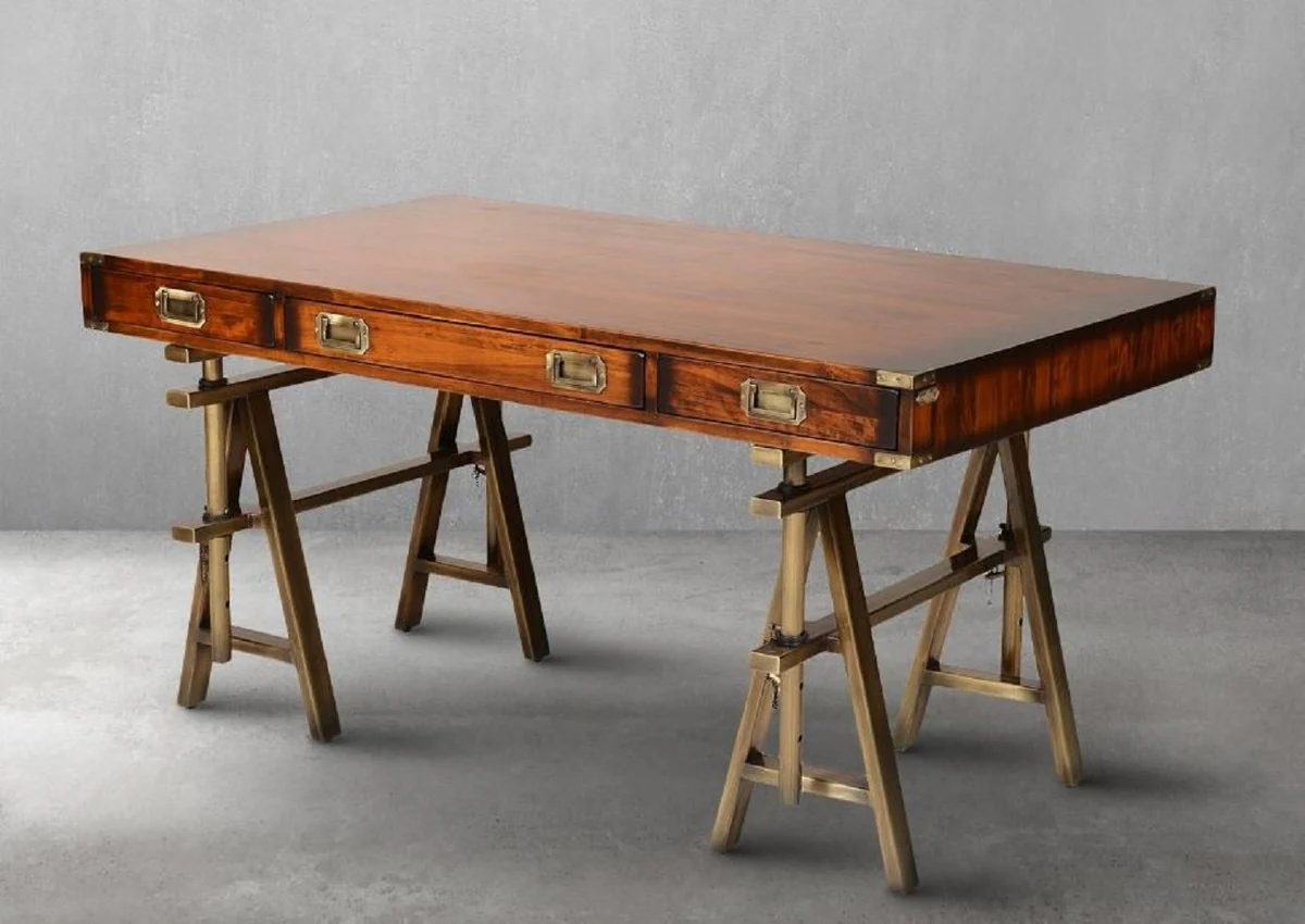 Casa Padrino escritorio de estilo industrial vintage de lujo marr¨®n / lat¨®n 149 x 85 x A. 77,5 cm - Mesa de oficina con 3 cajones - Muebles de oficina de estilo industrial vintage de lujo