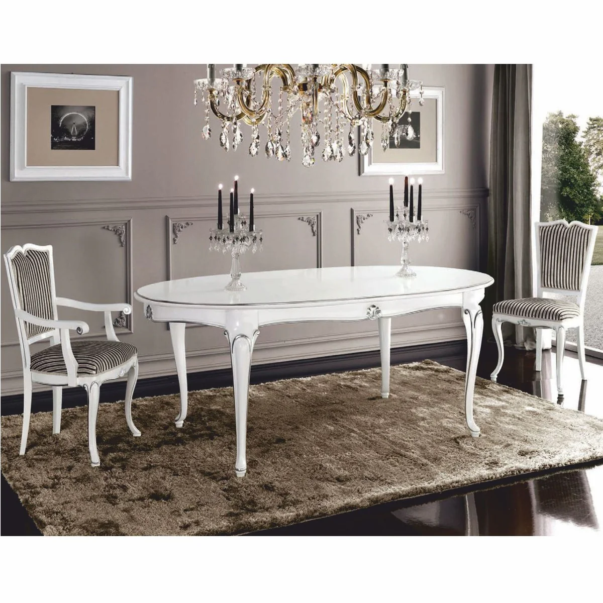 Casa Padrino mesa de comedor barroco de lujo blanco / plata 200-280 cm - Hecho en Italia