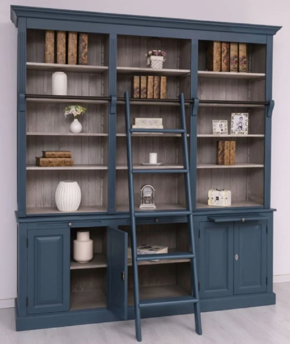 Casa Padrino armario de libros de estilo campestre con escalera azul / gris 229 x 51 x A. 244 cm - Gabinete de madera maciza - Gabinete de sal¨®n - Gabinete de oficina - Muebles de estilo campestre