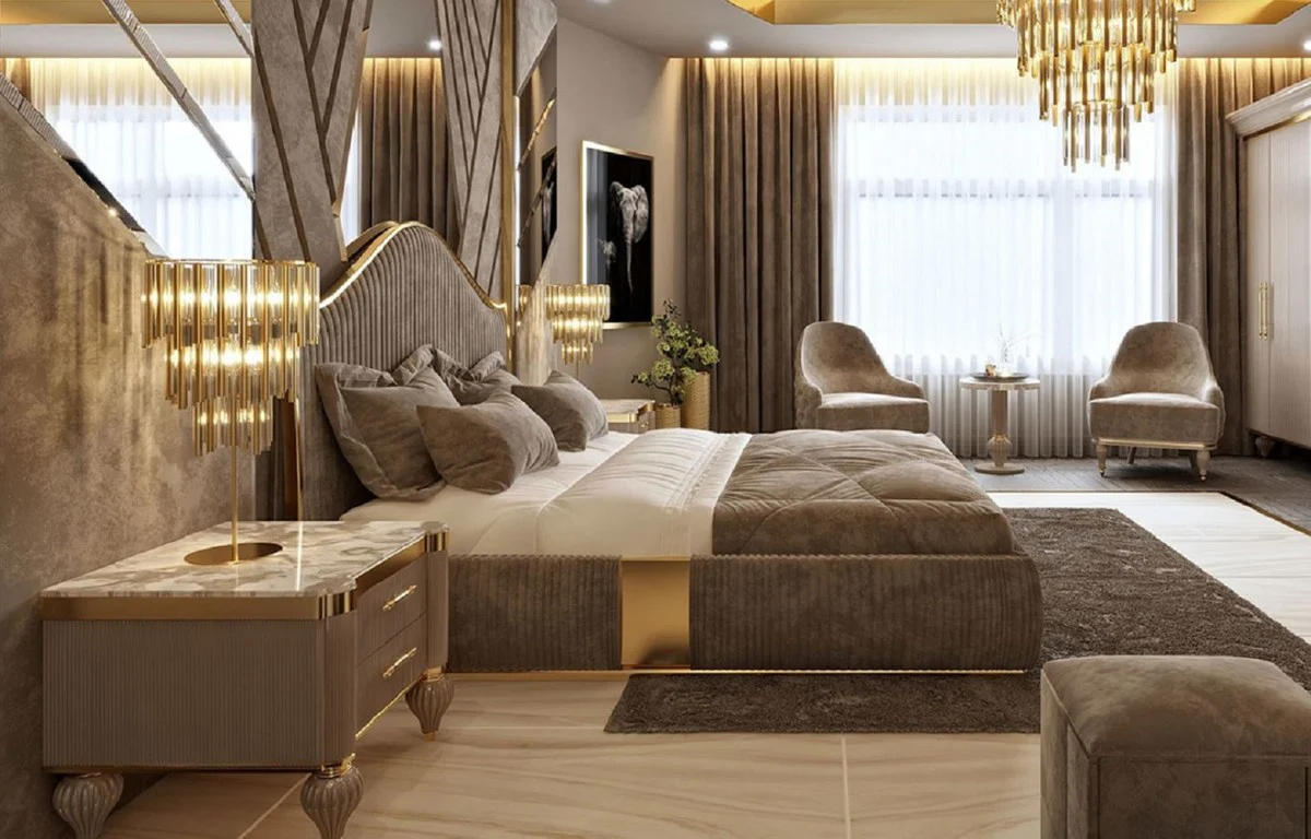 Casa Padrino Conjunto de Dormitorio Art Deco de Lujo Gris / Blanco / Oro - 1 Cama Doble con Cabecero y 2 Mesas de Noche - Muebles de Dormitorio y de Hotel Art Deco - Colección de Lujo