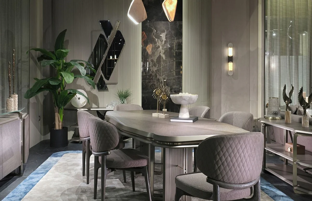 Casa Padrino conjunto de comedor de lujo gris / plata - 1 Mesa de comedor de lujo y 6 Sillas de comedor de lujo - Muebles de comedor - Muebles de lujo - Interiores de lujo