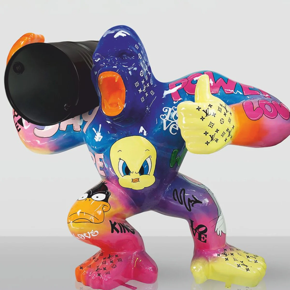 Casa Padrino escultura decorativa XXL gorila con barril colorido / negro A. 190 cm - Figura de jard¨ªn grande