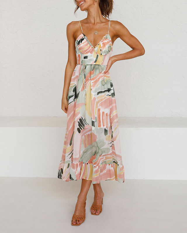 Women's V-neck Tie Tropical Print Dress