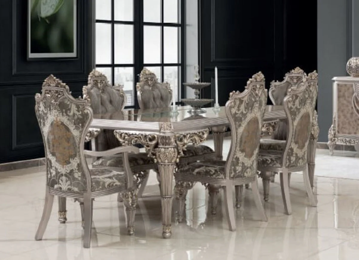 Casa Padrino conjunto de comedor barroco de lujo gris / plata - 1 Mesa de Comedor y 8 Sillas de Comedor - Magn¨ªfico muebles de comedor de estilo barroco