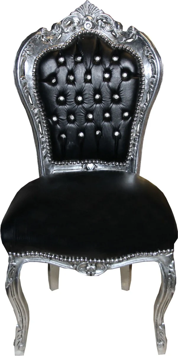 Silla de comedor barroca Casa Padrino en piel negra / plata con diamantes de imitaci¨®n Bling Bling - edici¨®n limitada