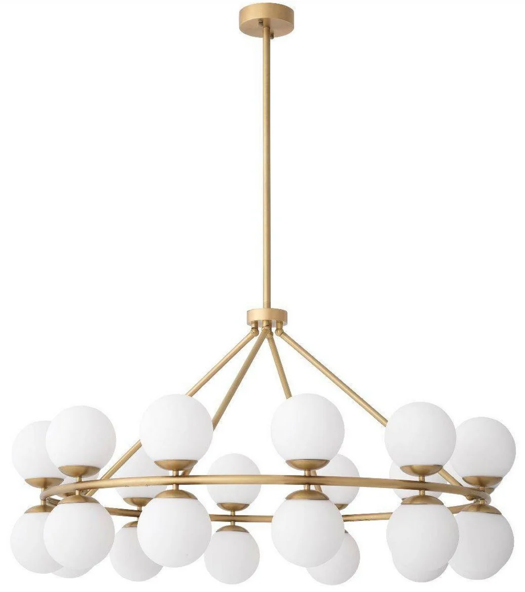 Casa Padrino lámpara de araña de lujo latón antiguo / blanco Ø 115 x A. 65 cm - Lámpara de araña moderna de metal con pantallas redondas de vidrio - Colección de Lujo