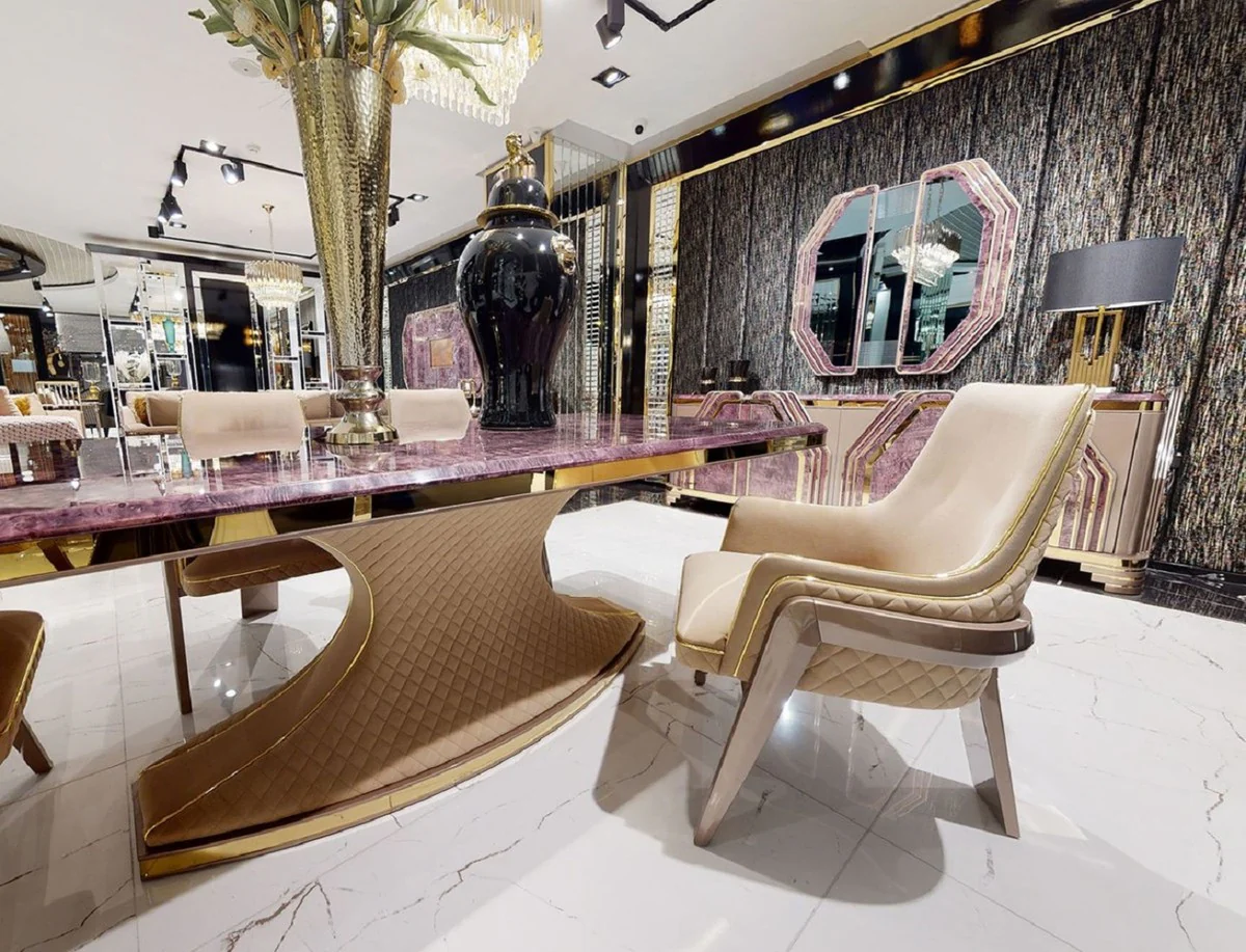 Casa Padrino conjunto de sillas de comedor Art Deco de lujo con reposabrazos beige / gris / oro - Conjunto de sillas de cocina de 6 - Muebles de comedor de lujo - Muebles Art Deco de lujo