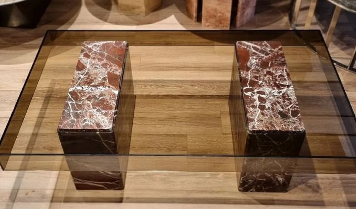 Casa Padrino mesa de centro de lujo rojo 130 x 70 x A. 41 cm - Mesa de sal¨®n rectangular de m¨¢rmol con tapa de vidrio - Muebles de sal¨®n - Muebles de lujo - Muebles de m¨¢rmol - Interior de lujo