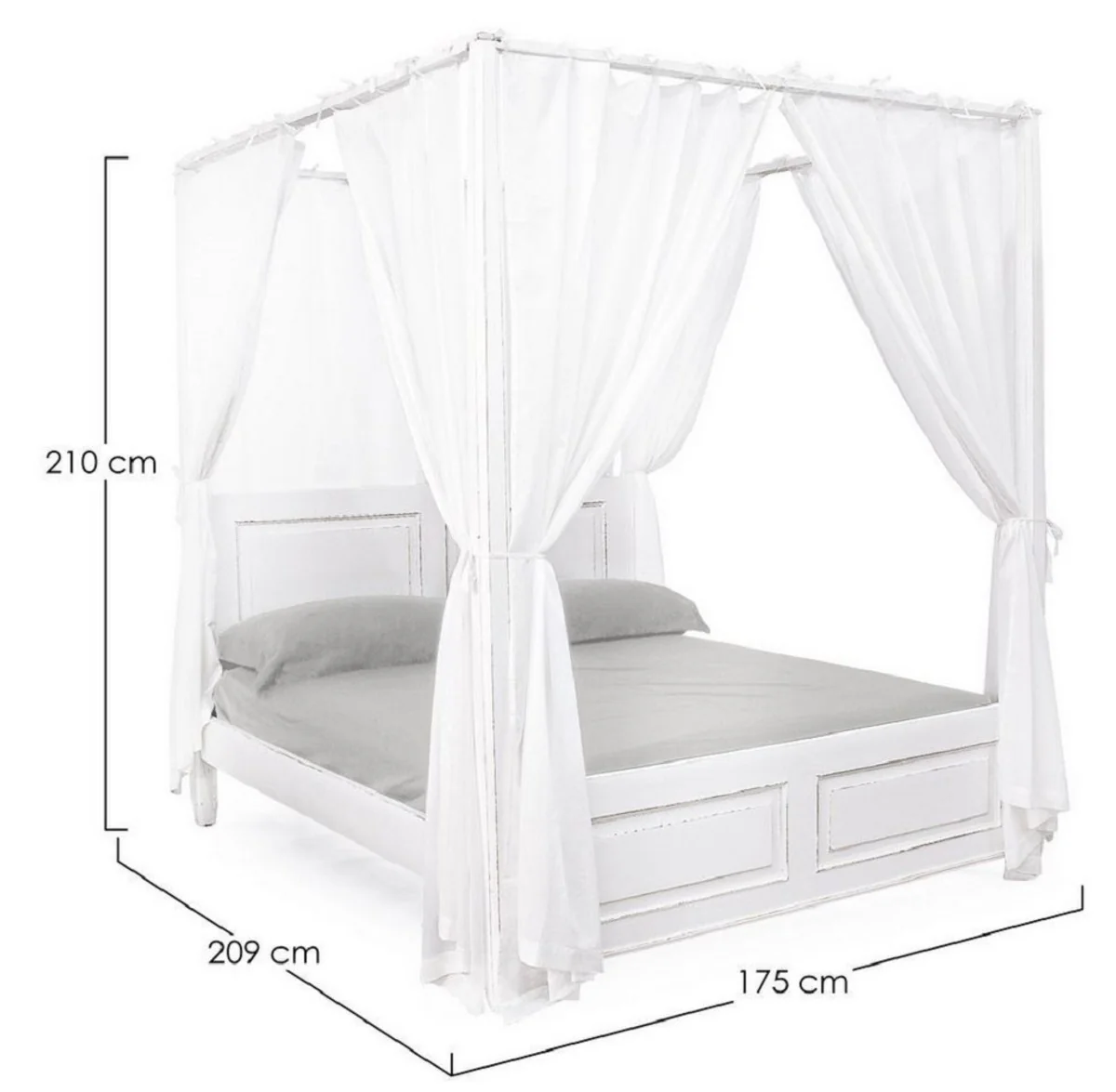 Casa Padrino cama doble de estilo campestre blanco antiguo 175 x 209 x A. 210 cm - Cama de madera maciza con cortinas de algod¨®n - Muebles de dormitorio en estilo campestre