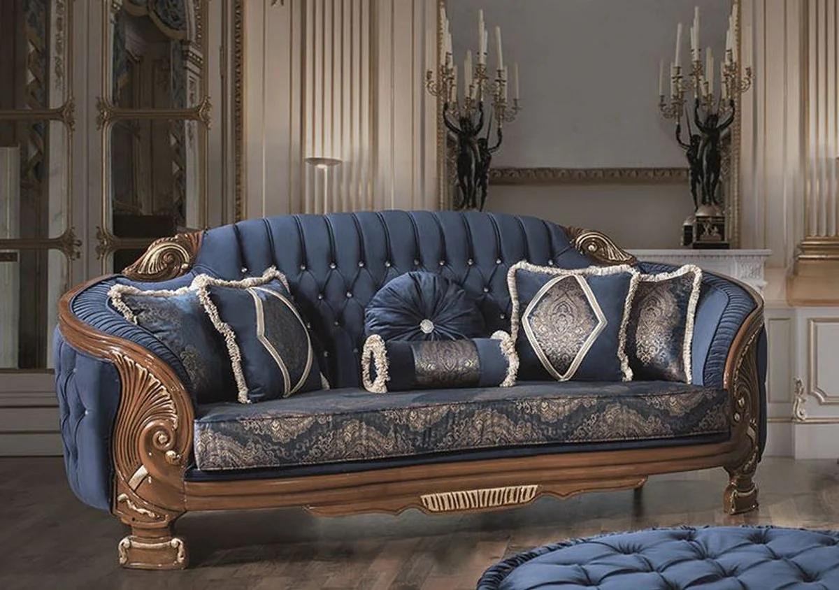 Casa Padrino sof¨¢ de sal¨®n barroco de lujo con pedrer¨ªa y almohadas decorativas azul / marr¨®n 240 x 90 x A. 105 cm - Noble y Adornado