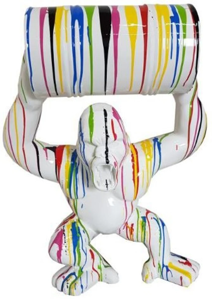 Casa Padrino escultura decorativa de diseño mono gorila con barril blanco / multicolor A. 100 cm - Figura decorativa resistente a la intemperie - Figura animal decorativa de diseño