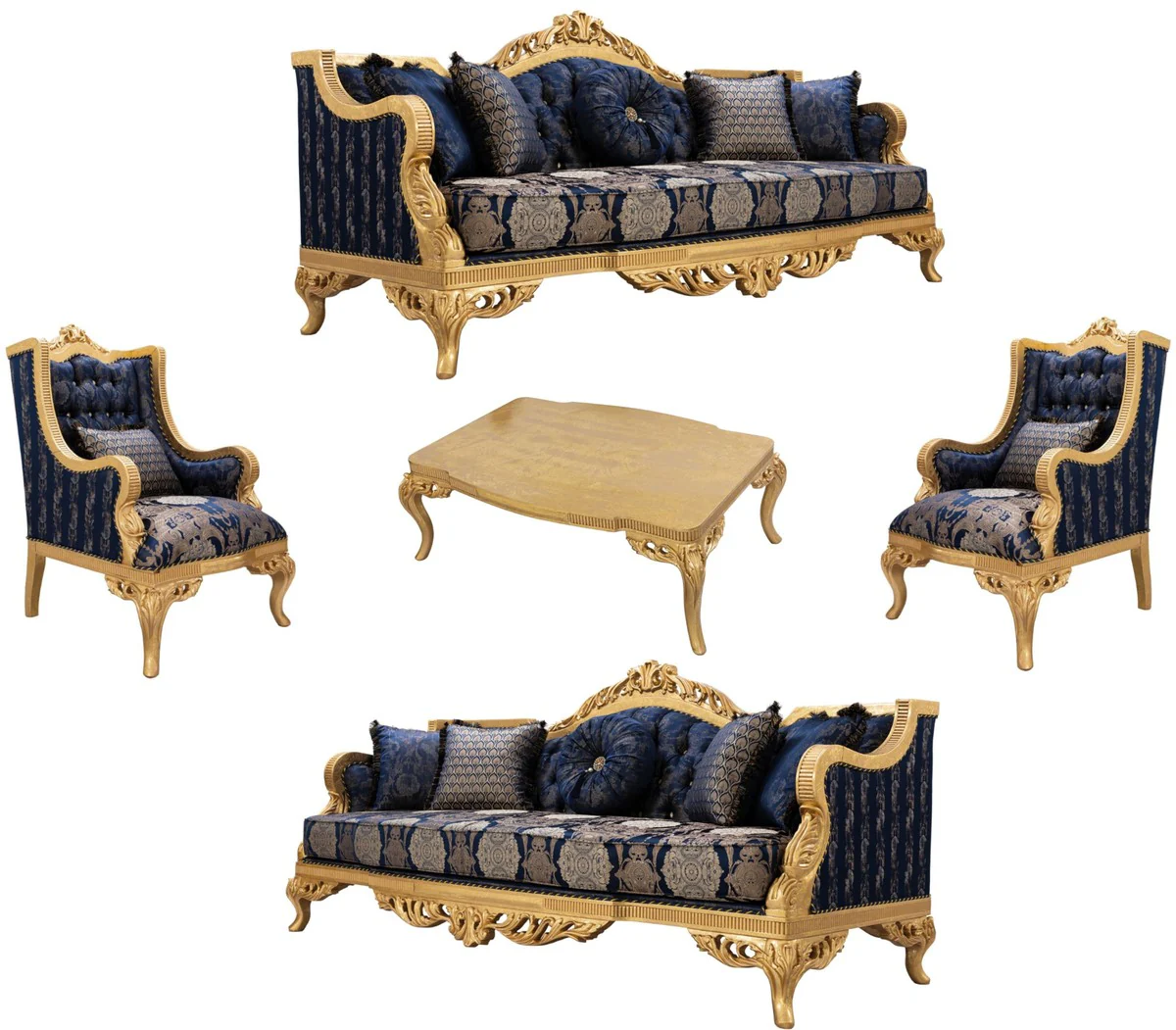 Casa Padrino conjunto de sala de estar barroco de lujo azul oscuro / oro - 2 Sof¨¢s y 2 Sillones y 1 Mesa de Centro - Muebles de Sal¨®n Barrocos Adornados