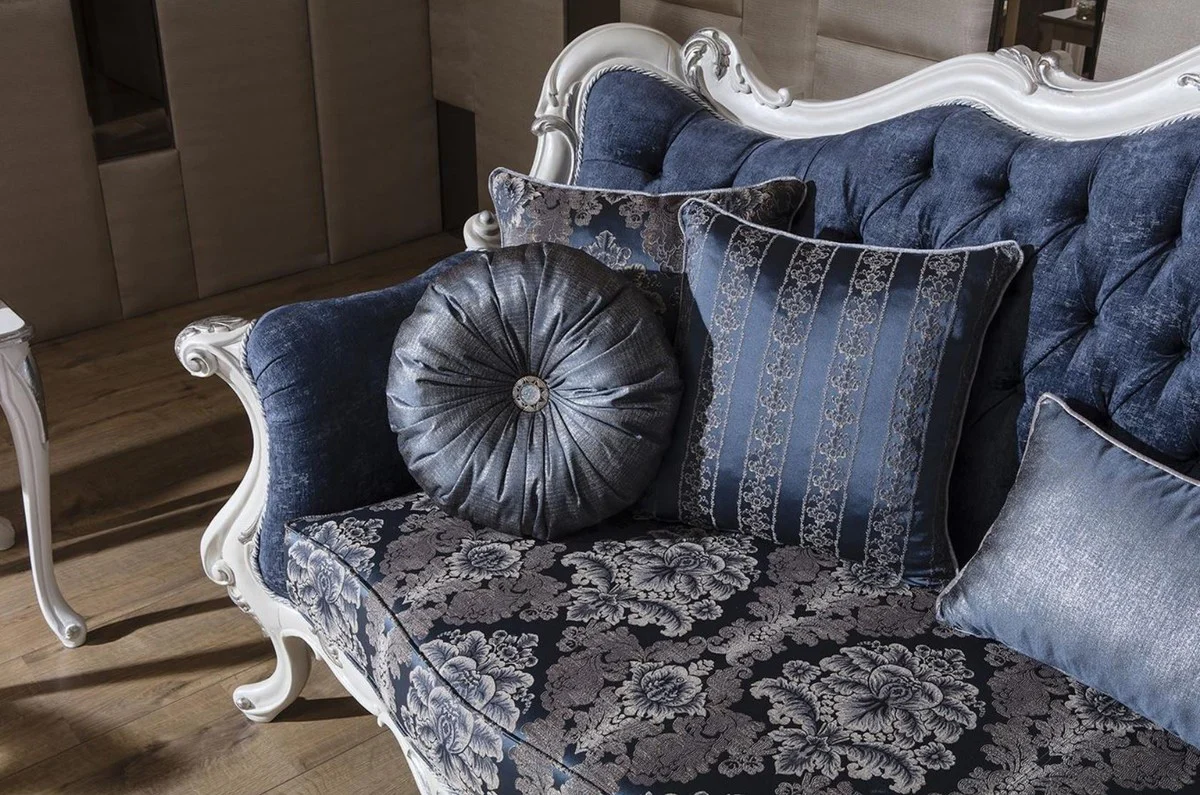 Casa Padrino sof¨¢ de sal¨®n barroco de lujo con patr¨®n y cojines decorativos azul / blanco / plata 240 x 90 x A. 120 cm - Magn¨ªfico mobiliario barroco