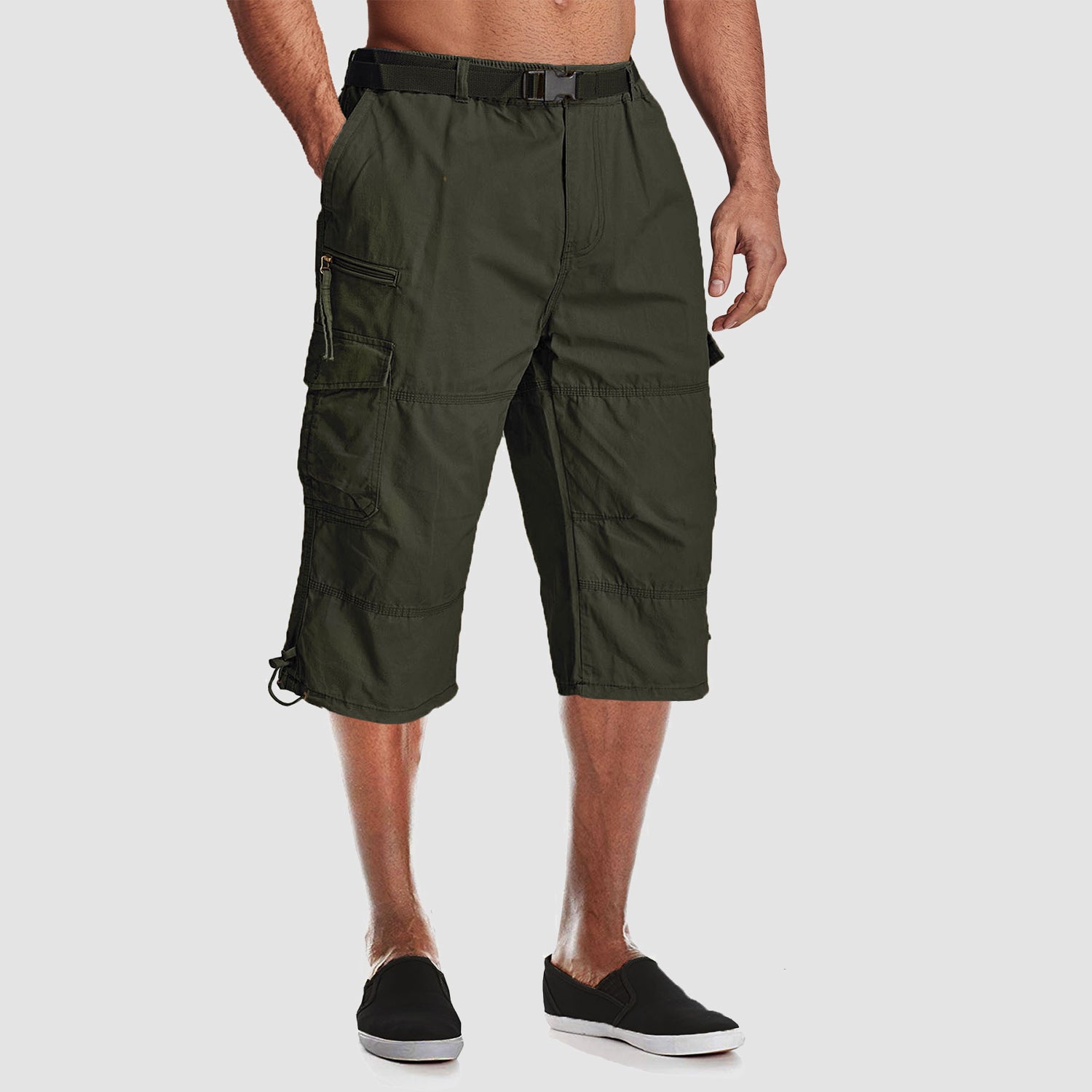 Men Summer Casual 3/4 Long Cargo Shorts Twill Cotton Elastic Waist Multiple Pockets Comfortable Capris Trousers