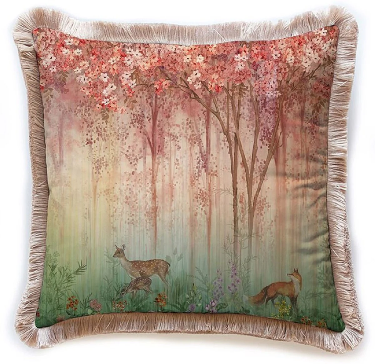 Casa Padrino cojín decorativa de lujo bosque y animales multicolor / marrón 45 x 45 cm - Almohada de terciopelo estampado con flecos - Accesorios decorativos de lujo