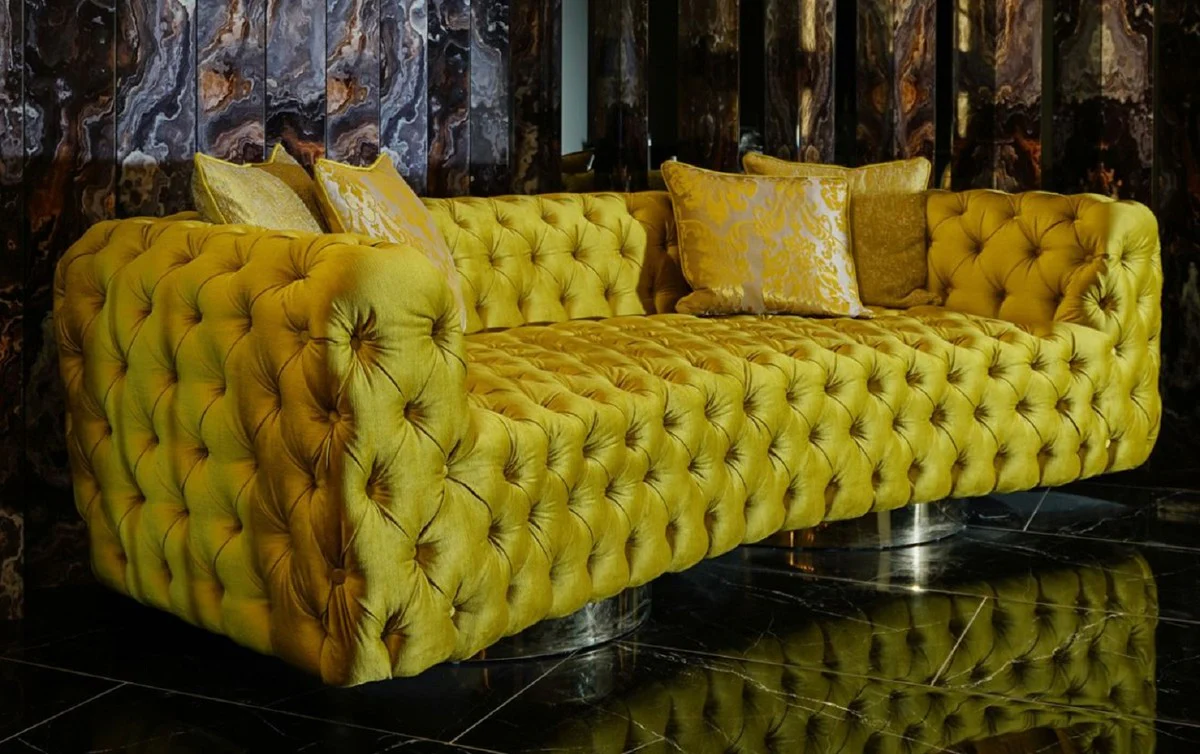 Casa Padrino sof¨¢ Chesterfield de lujo amarillo / plata 270 x 98 x A. 78 cm - Sof¨¢ de sal¨®n moderno - Muebles de Sal¨®n Chesterfield - Colecci¨®n de Lujo