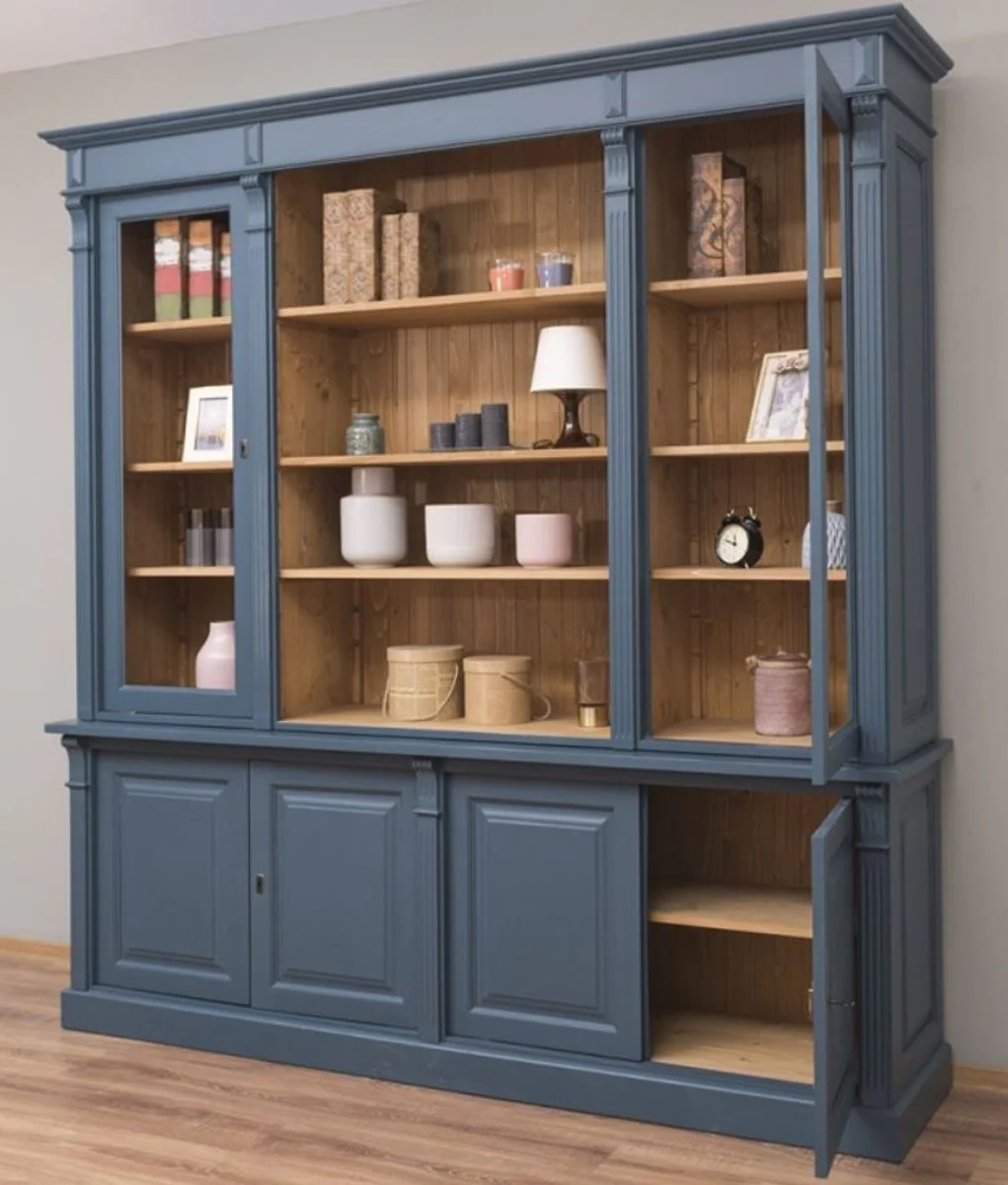Casa Padrino armario de sala de estar estilo campestre azul / natural 223 x 51 x A. 228 cm - Armario de madera maciza - Armario de libros - Muebles de estilo campestre