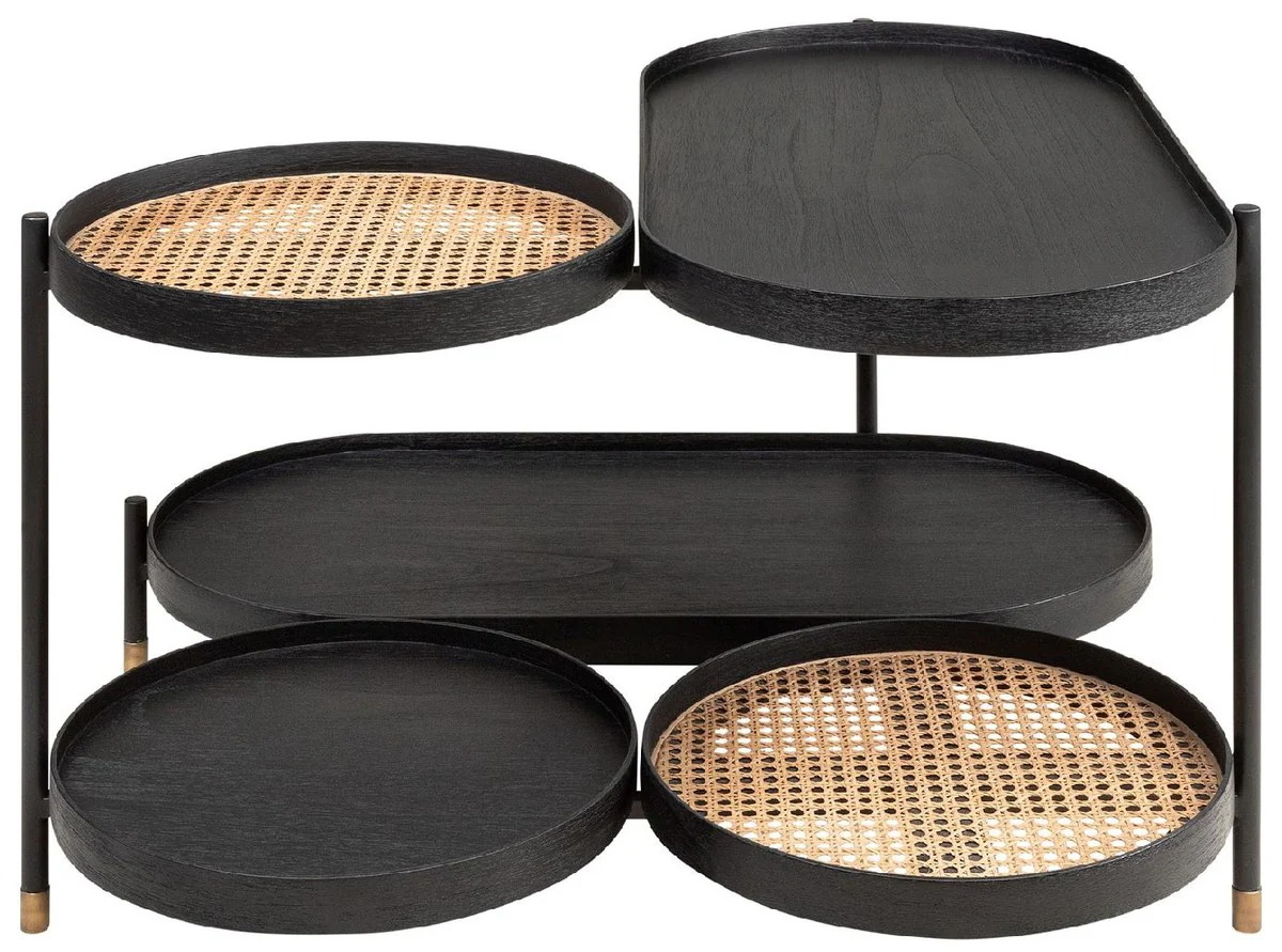 Casa Padrino mesa de centro de lujo negro / natural / lat¨®n 82,8 x 83,5 x A. 53 cm - Mesa de sal¨®n de madera de mindi y rat¨¢n con estructura de acero - Muebles de lujo - Instalaci¨®n de lujo