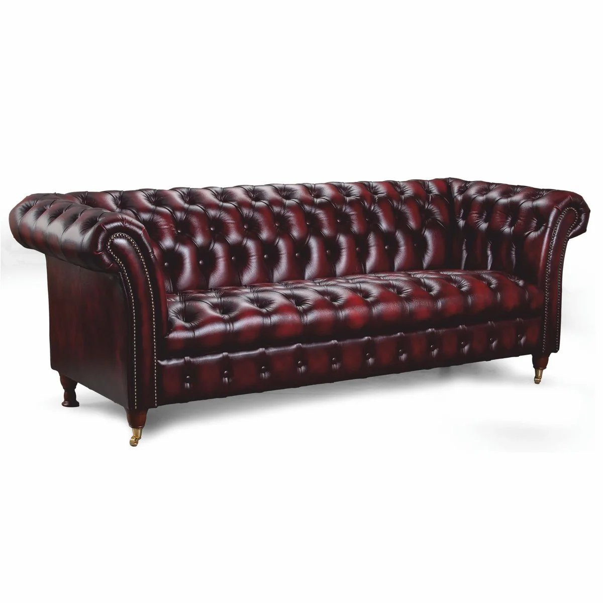 Casa Padrino Sof¨¢ de 3 Plazas de Cuero Chesterfield de Lujo Rojo Vino Oscuro / Lat¨®n 235 cm - Muebles de Cuero