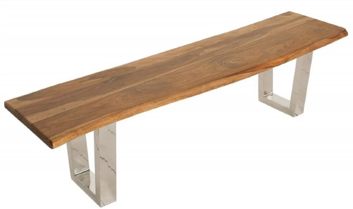 Casa Padrino banco de diseño marrón / plata 180 x 45 x H. 45 cm - Banco de Lujo con Madera Maciza de Sheesham y Patas de Acero Inoxidable Pulidas