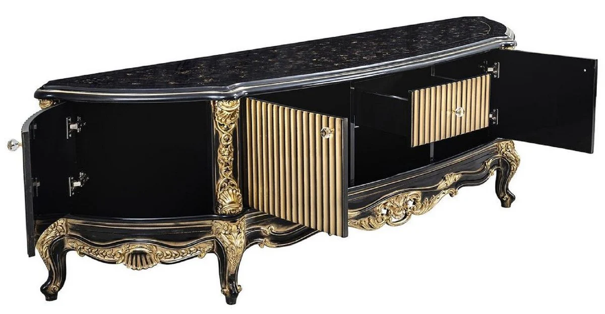 Casa Padrino gabinete TV barroco de lujo negro / oro - Magn¨ªfico aparador de madera maciza con 4 puertas y caj¨®n - Muebles de sal¨®n barrocos