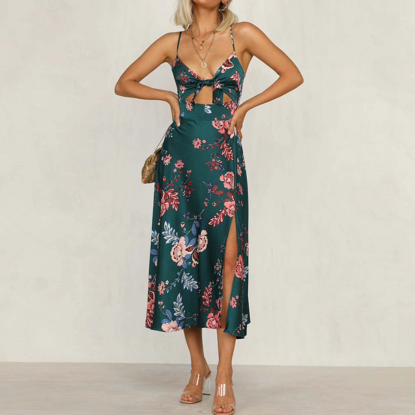 Fashion Temperament Printed Knotted Sling Dress