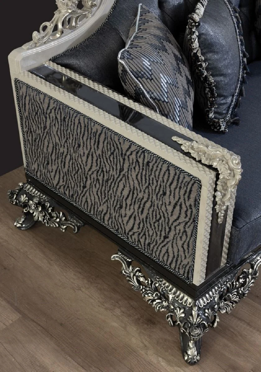 Casa Padrino sof¨¢ barroco de lujo azul / gris / blanco / negro / plata - Magn¨ªfico sof¨¢ de sal¨®n con patr¨®n elegante - Muebles de sal¨®n y hotel barrocos - Noble y Magn¨ªfico