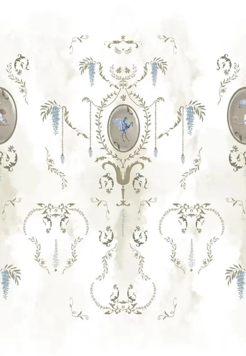 Casa Padrino papel pintado no tejido barroco de lujo blanco / multicolor / oro - Papel pintado de salón de estilo barroco con patrón elegante - Decoración de salón barroco