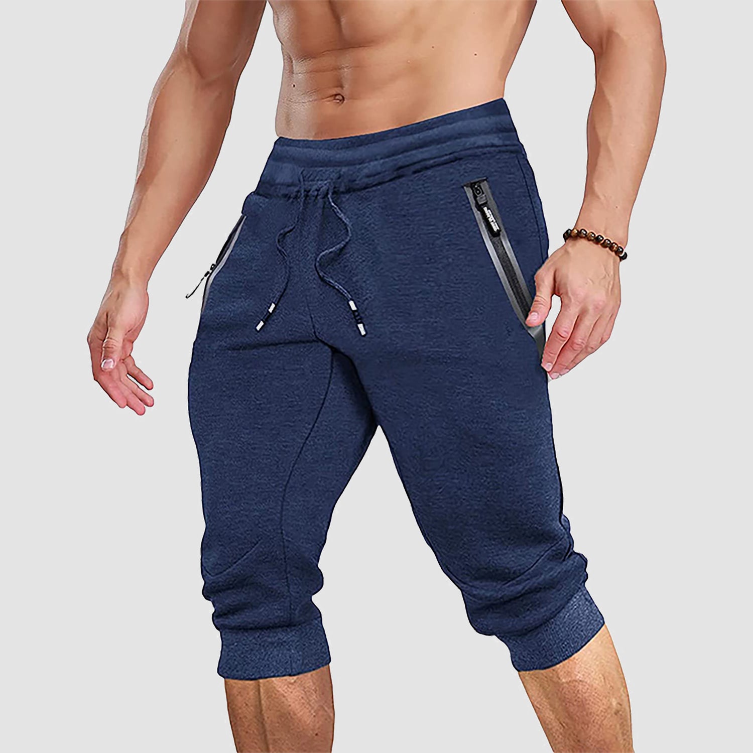 Men Capris Joggers with Zipper Pocket Drawstring Tapered Training Shorts