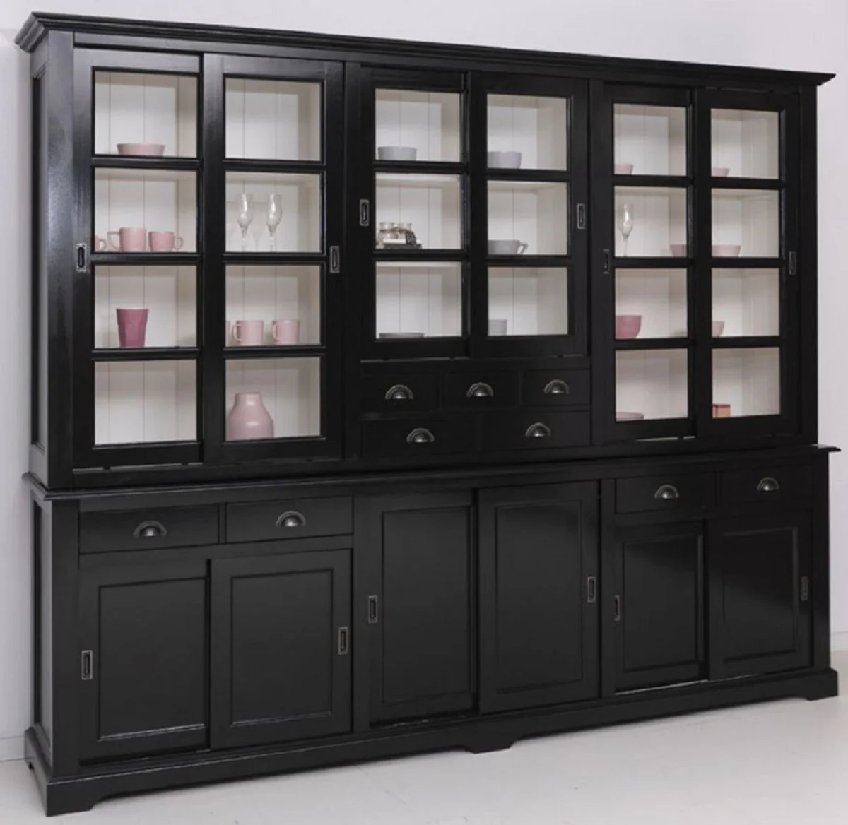 Casa Padrino armario de comedor de estilo campestre negro / blanco 280 x 55 x A. 225 cm - Armario de cocina de madera maciza - Muebles de comedor en estilo campestre