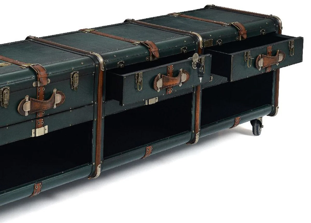 Casa Padrino armario TV de lujo en ¨®ptica maleta verde / marr¨®n / lat¨®n 201 x 48 x A. 65 cm - Armario maleta de madera maciza con ruedas - Mueble de sal¨®n - Muebles de lujo en ¨®ptica maleta