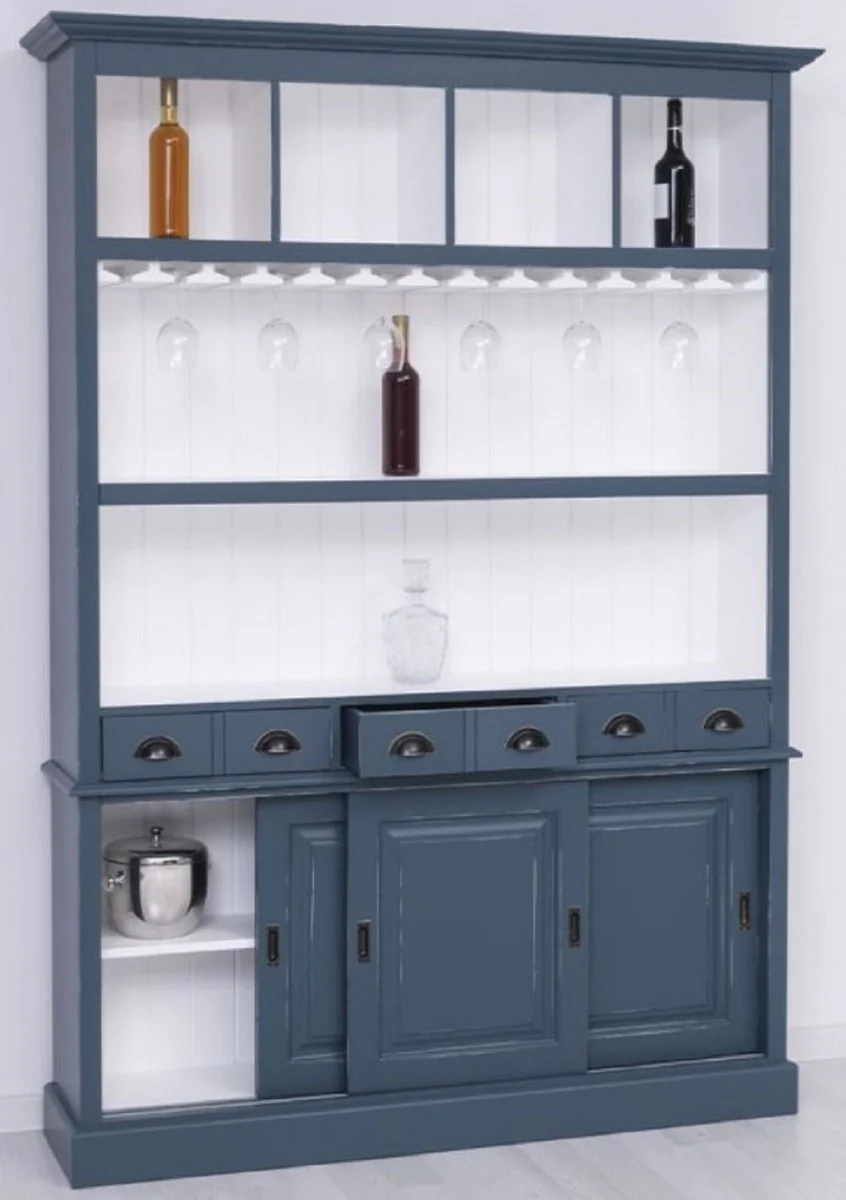 Casa Padrino armario de bar de madera maciza de estilo campestre azul antiguo / blanco 151 x 36 x A. 210 cm - Gabinete de vino de madera maciza estilo campestre - Mueble bar de estilo campestre