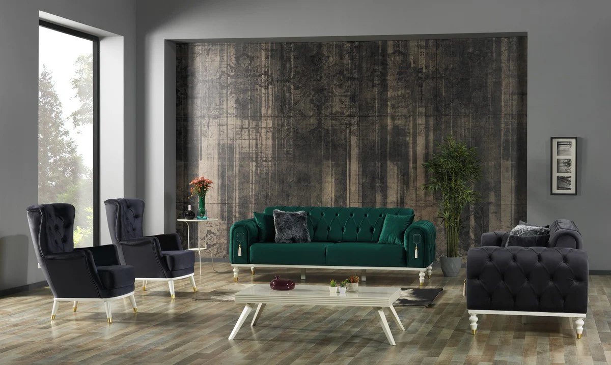 Casa Padrino sof¨¢ cama Chesterfield de lujo gris oscuro / blanco / oro 230 x 95 x A. 83 cm - Sof¨¢ de sal¨®n con 3 almohadas - Muebles de sal¨®n de lujo