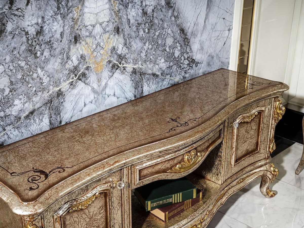 Casa Padrino armario de TV barroco de lujo plata antigua / marrón / oro - Magnífico aparador de salón con 2 puertas y cajón - Muebles de salón barrocos