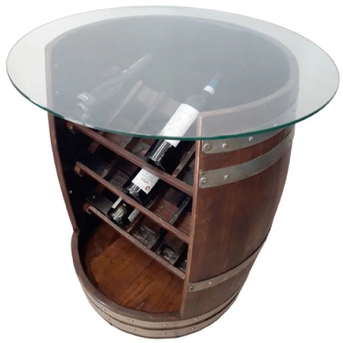Casa Padrino mesa de bar de barril de lujo marrón / plata Ø 78 x A. 80 cm - Mesa de barril de vino de madera maciza con tapa de vidrio y estante de vino - Muebles terrazas jardín bar gastronomía